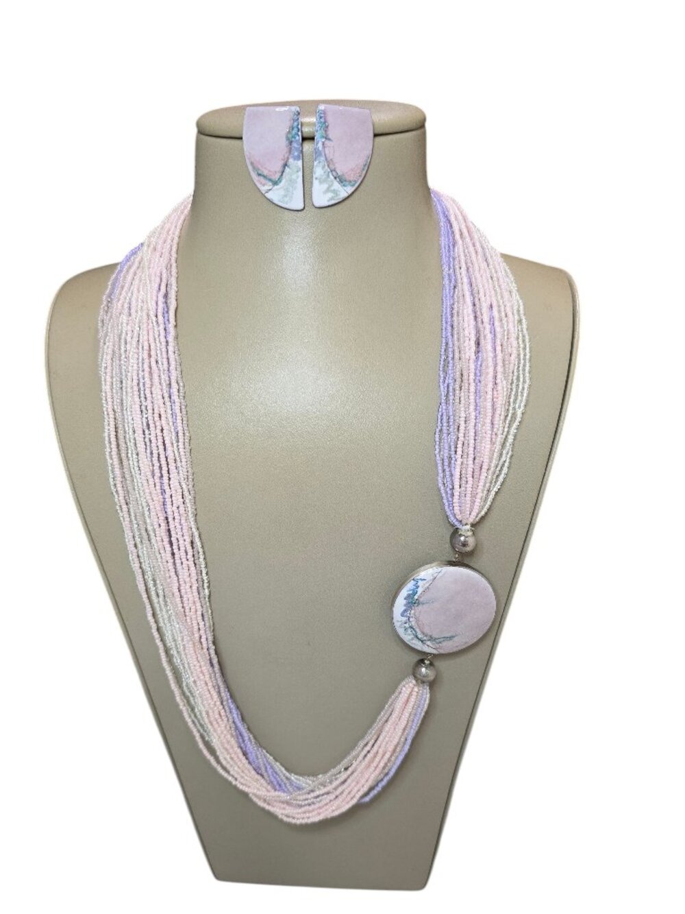 Vintage Beaded Sterling Silver Pendant Pastel Colors Necklace Set